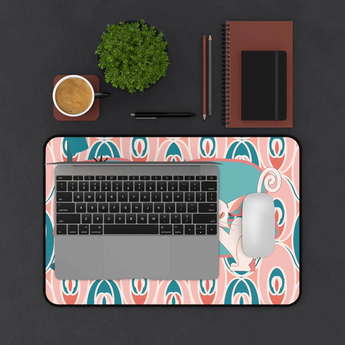 Mid Century Modern Atomic Cat Desk Mat, Pink, Teal, Cute And Kitschy Retro Office Decor - Mid Century Modern Gal