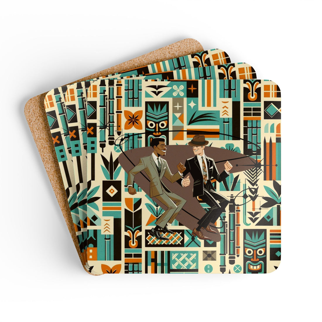 Mod Men Tiki Palm Springs Cali Vintage-Inspired Corkwood Coaster Set - Retro Tropical Design - Mid Century Modern Gal