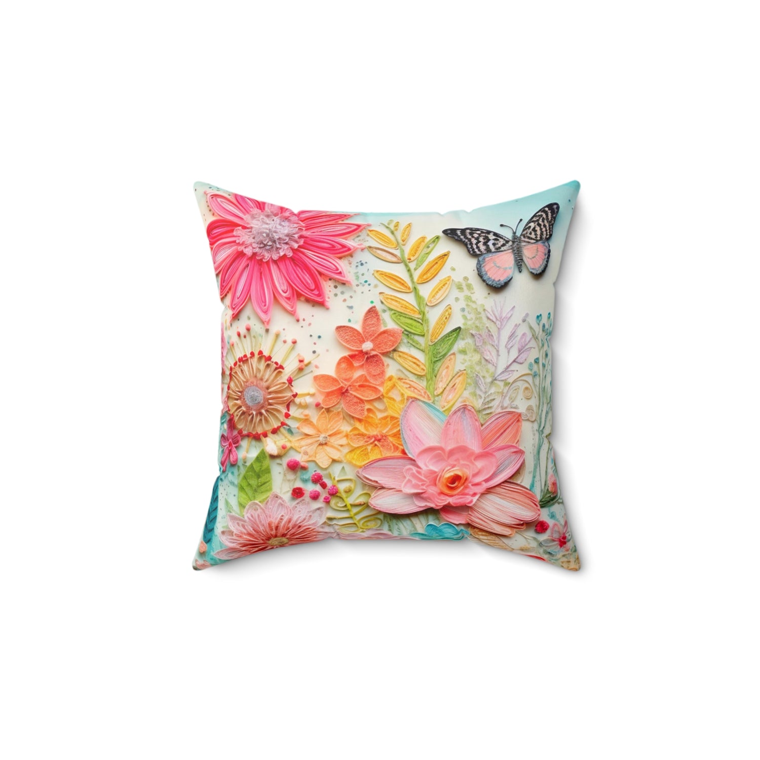 Floral Boho Pillow, Reversible, Flower, Butterfly, Bohemian Hippie, Retro Faux Embroidered Pillow And Insert