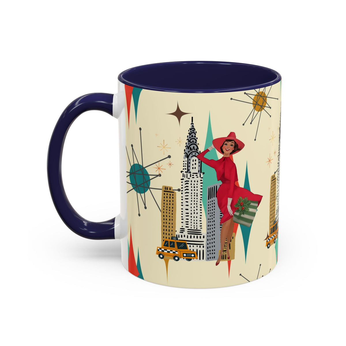 Mid Century Modern Kitschy Christmas Gal, Franciscan Starburst Diamond Retro Chic Accent Coffee Mug - Vintage Cityscape Design - Mid Century Modern Gal