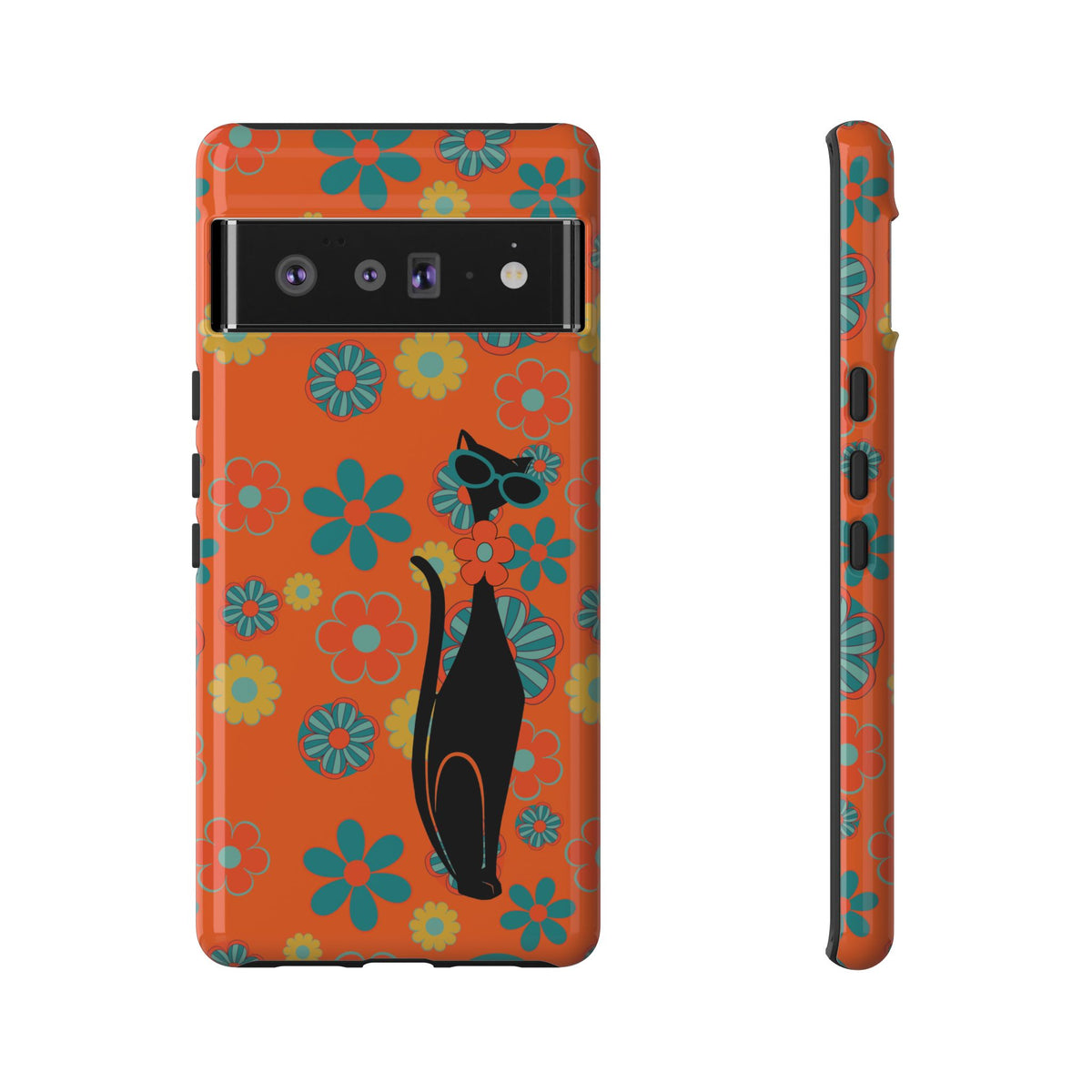 Flower Power, Retro Groovy Atomic Cat, Hipster Style Orange Samsung Galaxy and Google Pixel Tough Cases - Mid Century Modern Gal