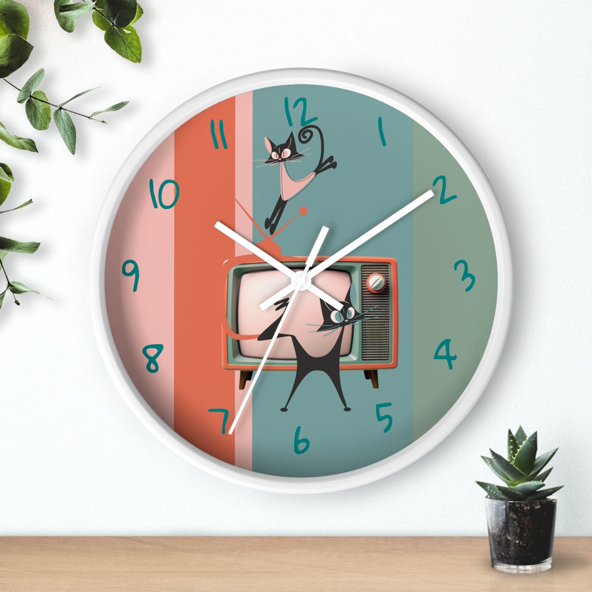 Atomic Cat Wall Clock, Mid Century Modern TV, Kitschy Black Cats, Whimsical Retro Cat Mom Gift For Bedroom, Livingroom, Kitchen