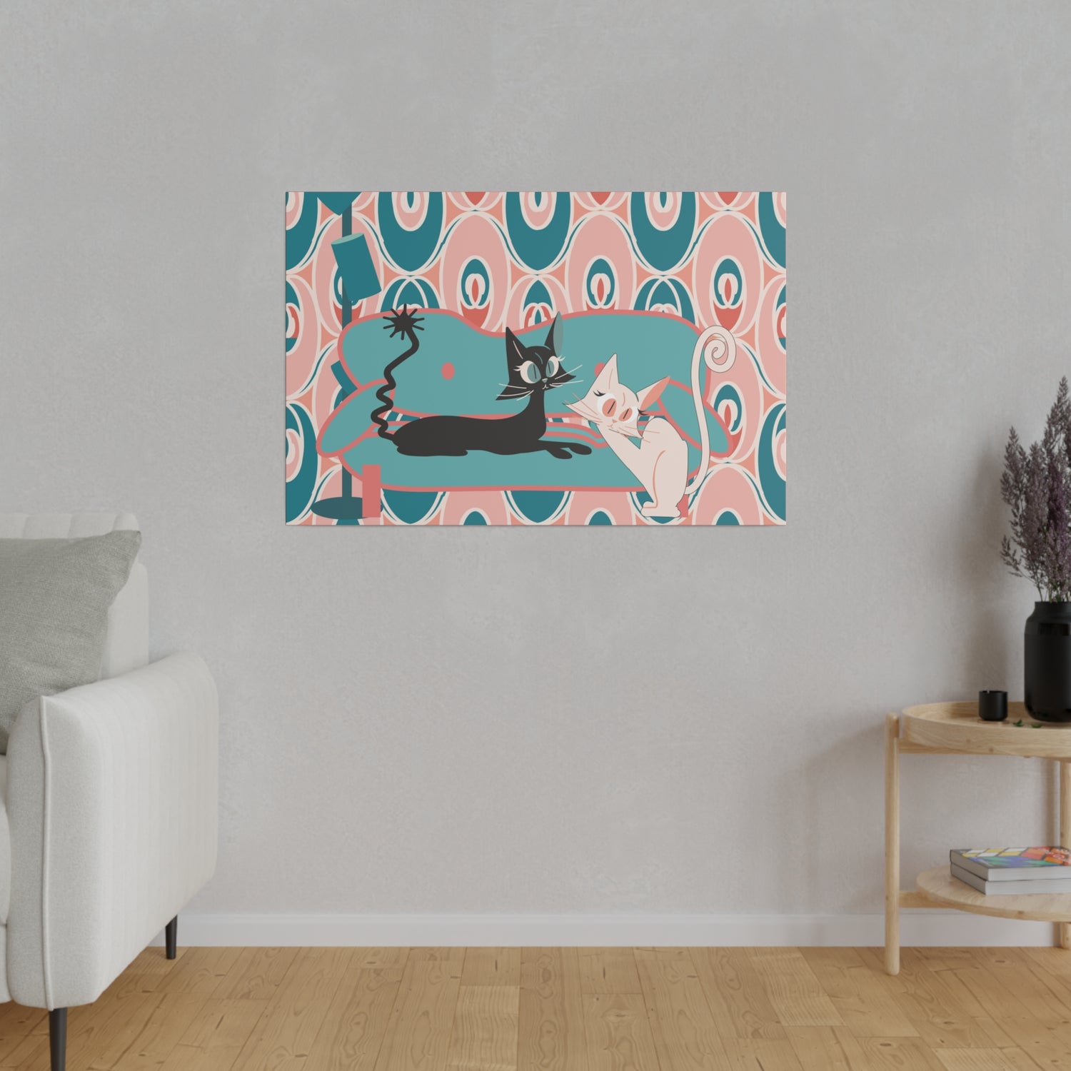 Atomic Cat Wall Art, Teak, Pink, Mid Century Modern Wall Art