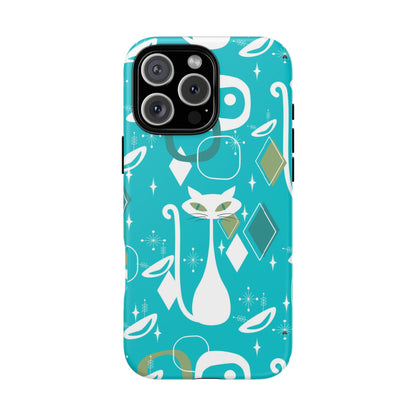 Atomic Cat Space Designs, Mid Century Modern, Aqua, White Kitschy Cat Tough Phone Case