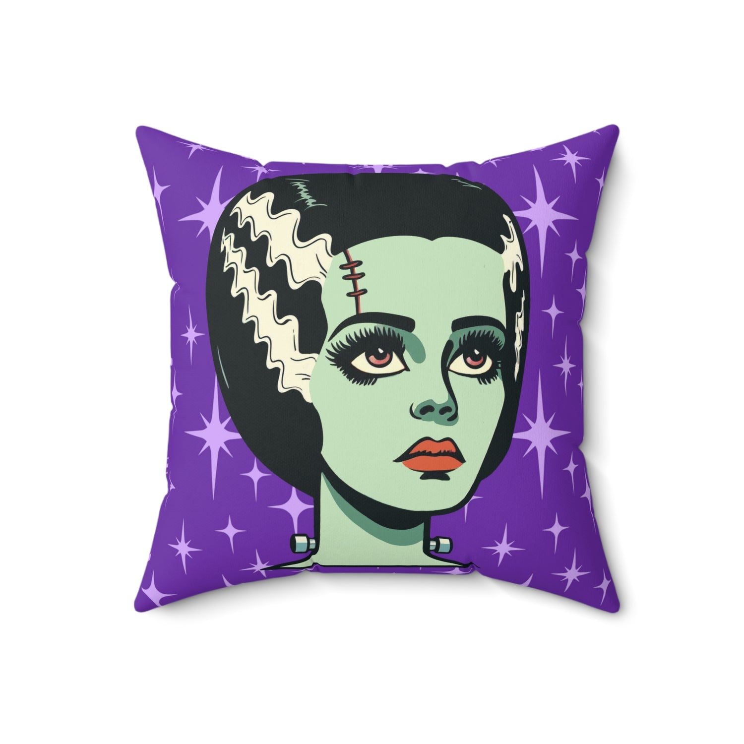 Bride of Frankenstein Retro Mid Mod Horror Buff Purple Halloween Pillow Cover and Insert - Mid Century Modern Gal
