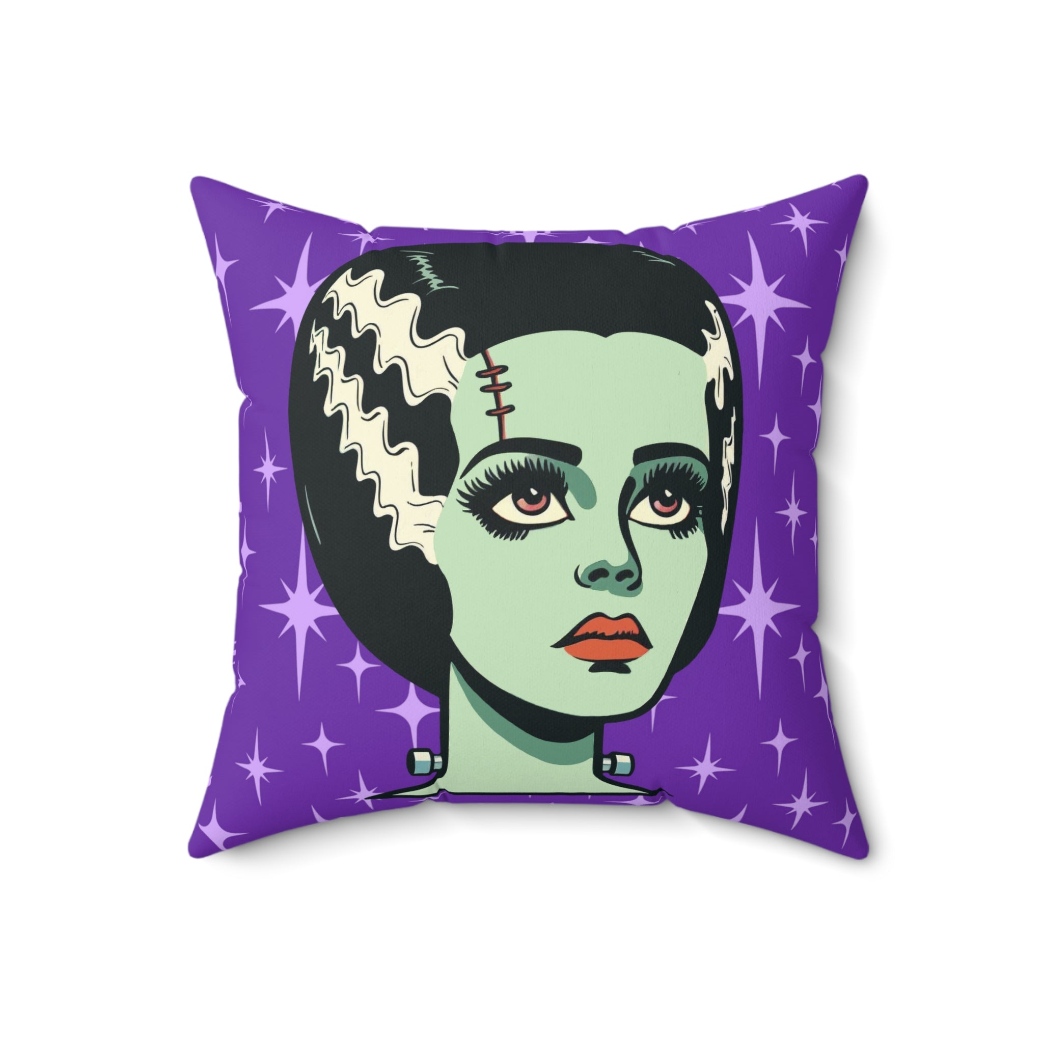 Bride of Frankenstein Retro Mid Mod Horror Buff Purple Halloween Pillow Cover and Insert - Mid Century Modern Gal