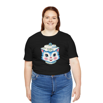 Mid Century Modern Kitschy Anthropomorphic Blue Cat with Floral Hat Unisex T-Shirt