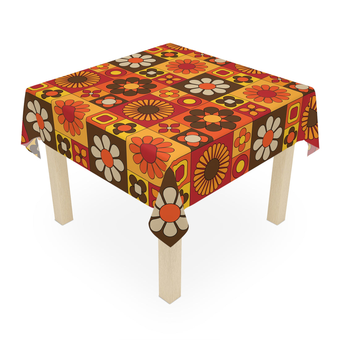 Retro 70s Mid Mod Orange, Brown, Yellow Floral Tablecloth – Vibrant Design for Your Dining Table - Mid Century Modern Gal