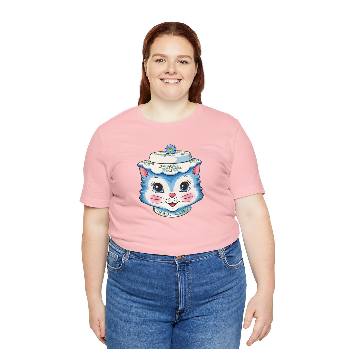 Mid Century Modern Kitschy Anthropomorphic Blue Cat with Floral Hat Unisex T-Shirt