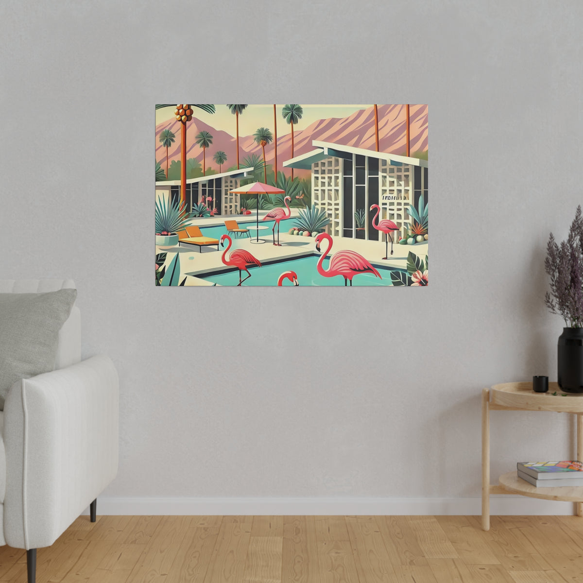 Mid-century modern wall art featuring flamingos and Palm Springs scenery, perfect for retro-inspired decor.