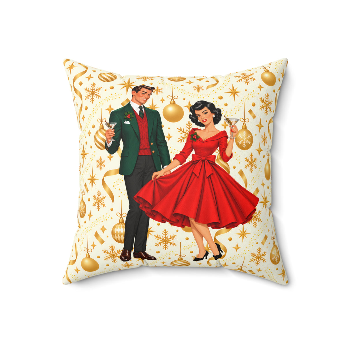 Mid Century Modern Christmas Party Martini Couple Pillow Insert and Cover