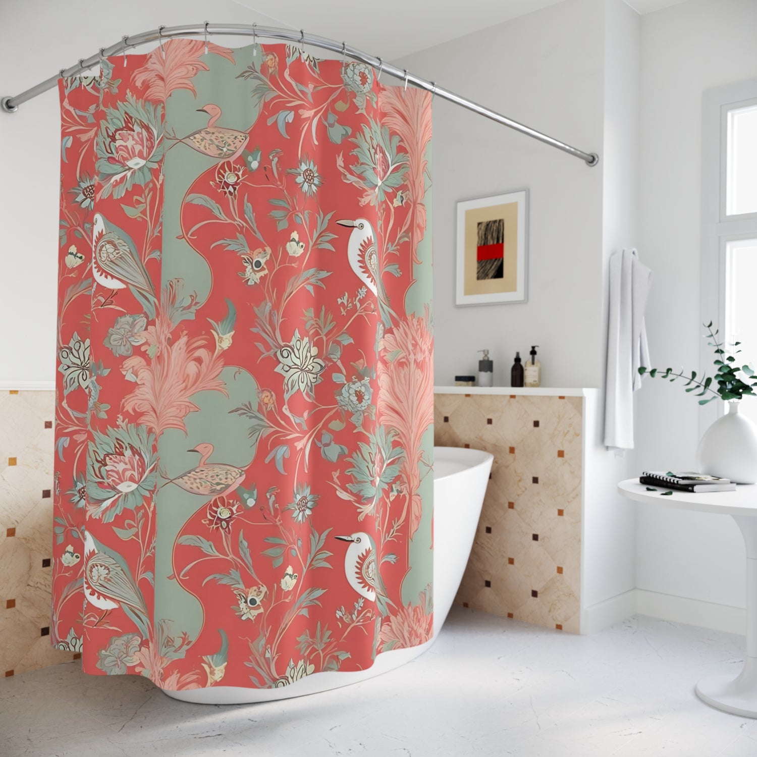 Chinoiserie Elegant Floral Birds Shower Curtain - Vibrant Vintage Design for Bathroom Decor - Mid Century Modern Gal