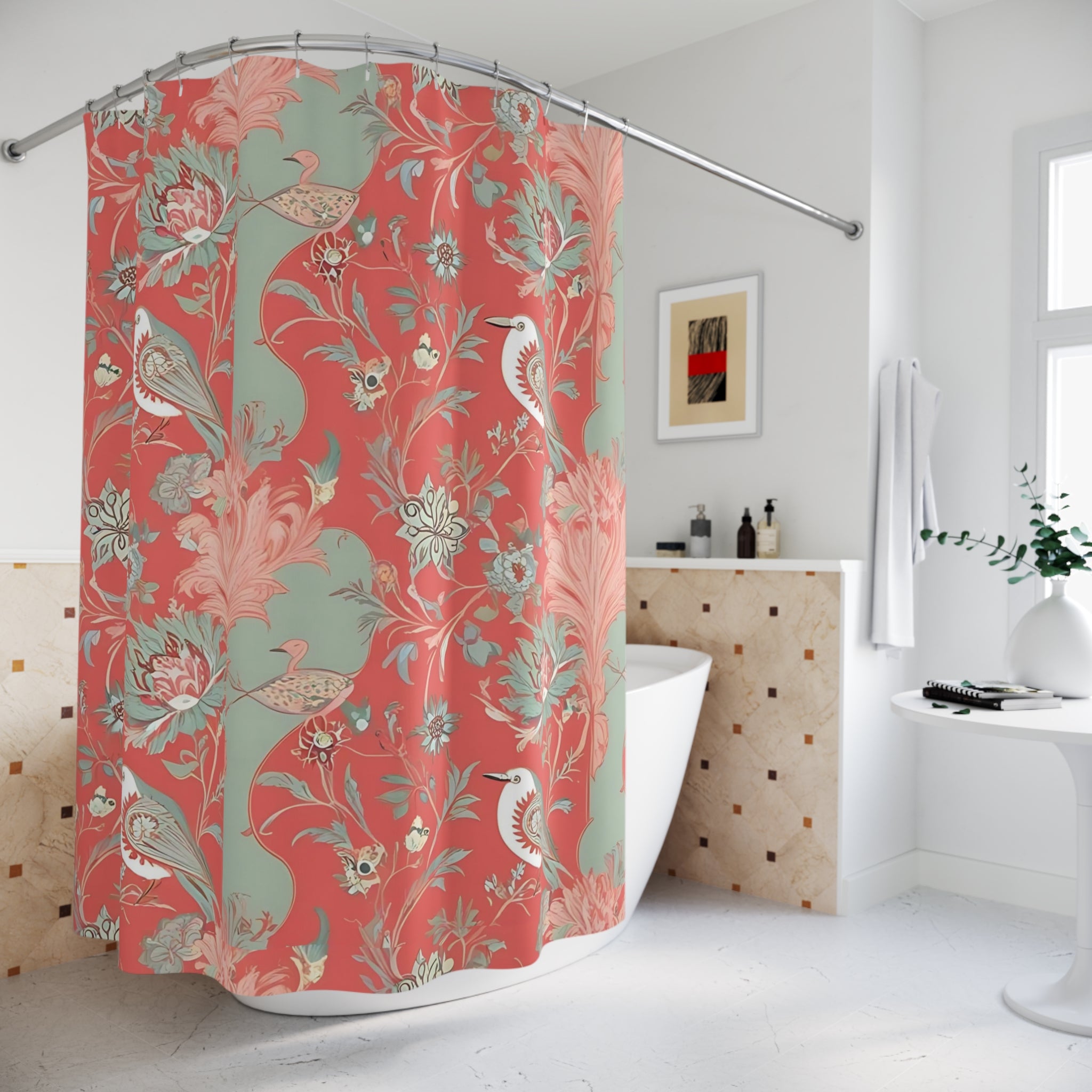 Chinoiserie Elegant Floral Birds Shower Curtain - Vibrant Vintage Design for Bathroom Decor - Mid Century Modern Gal