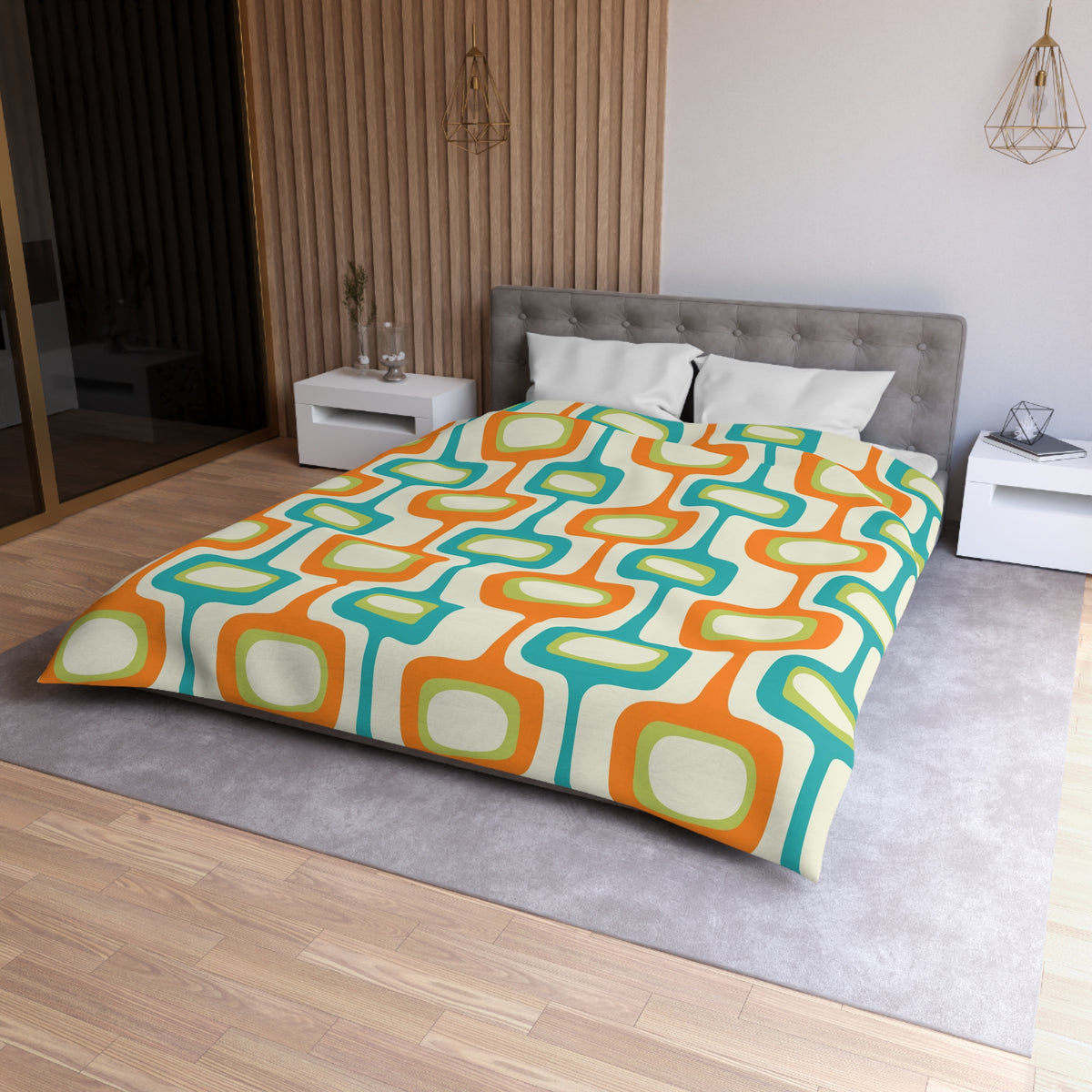 Mid Mod, MCM Teal, Orange, Cream Retro Groovy, Funky Fun Mid Century Modern Duvet Cover - Mid Century Modern Gal