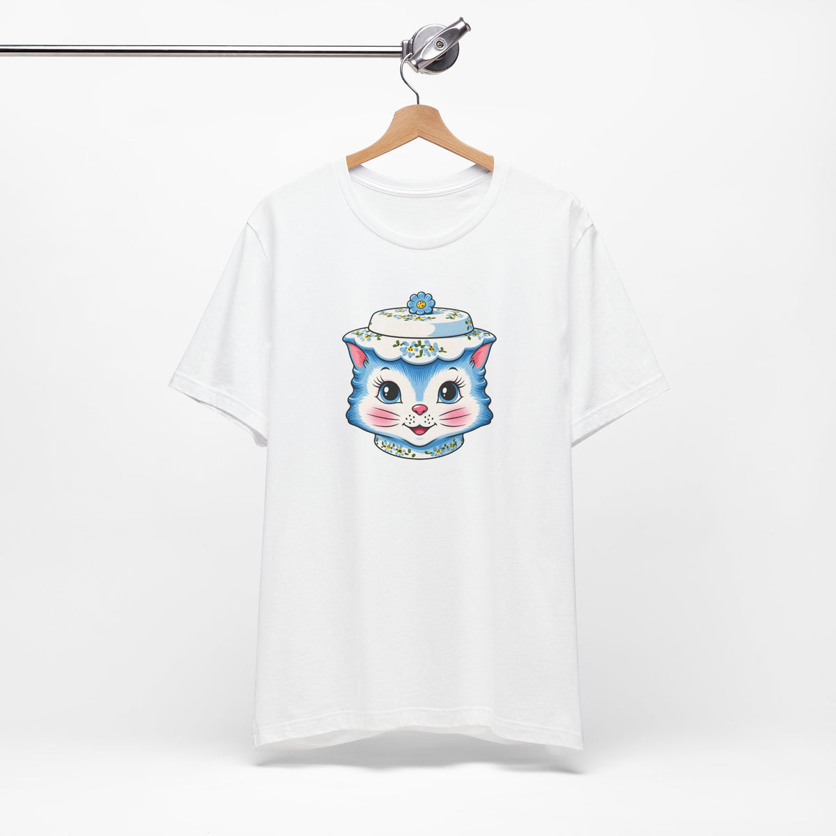 Mid Century Modern Kitschy Anthropomorphic Blue Cat with Floral Hat Unisex T-Shirt