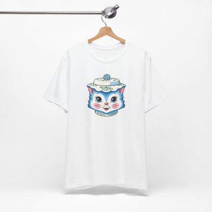 Mid Century Modern Kitschy Anthropomorphic Blue Cat with Floral Hat Unisex T-Shirt