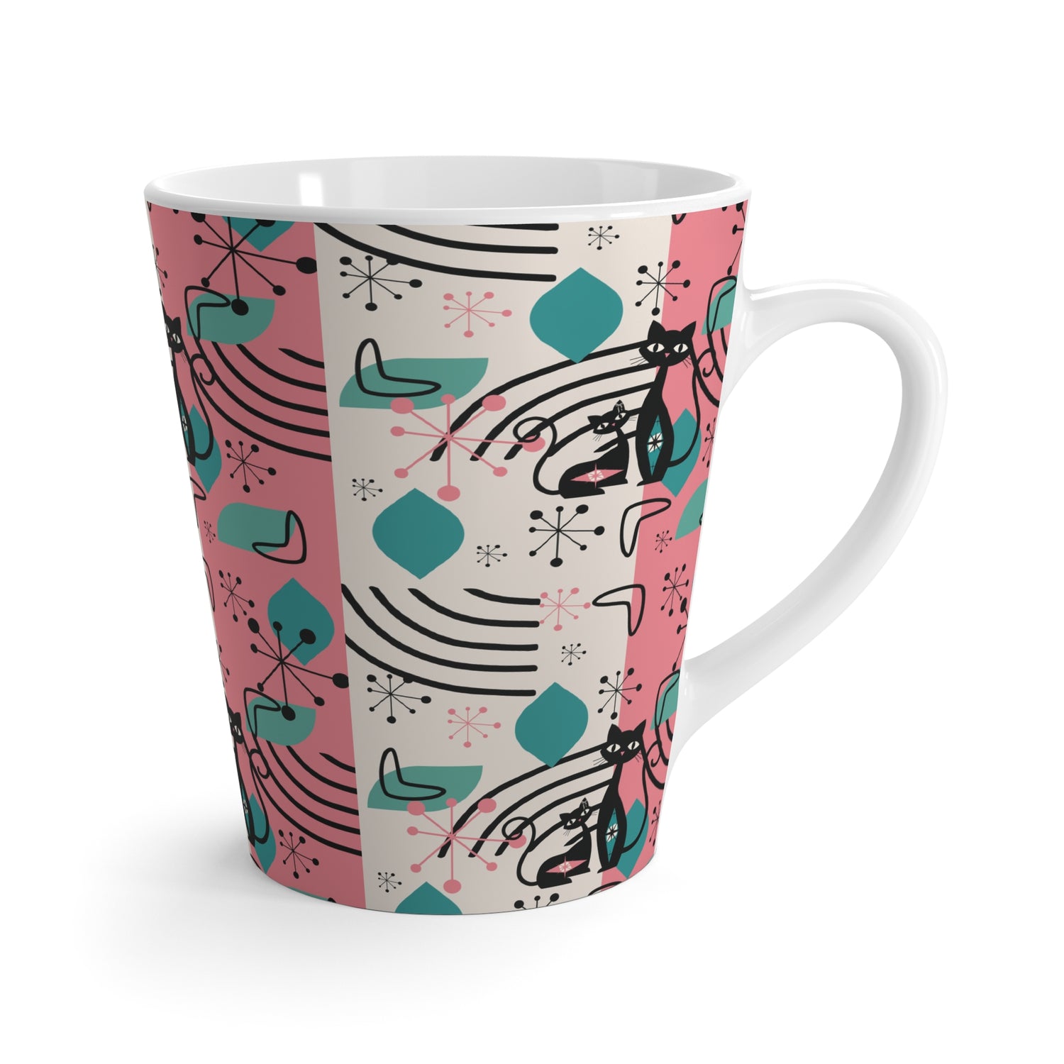 Atomic Space Kitties, Kitschy Retro Latte Mug Whimsical Cat Latte Mug - Colorful &amp; Cheery Coffee Cup for Cat Lovers - Mid Century Modern Gal