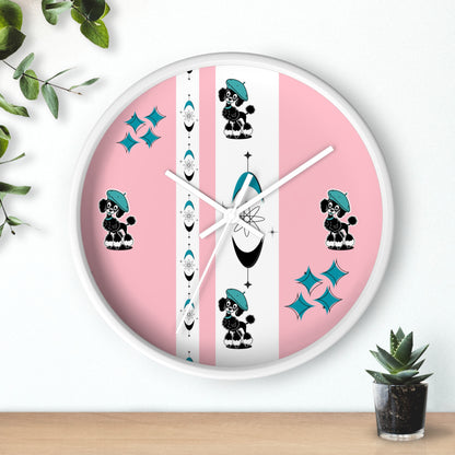 Mid Century Modern Atomic Pink Starburst Wall Clock with Cute Retro Mod Poodle Design - Mid Century Modern Gal