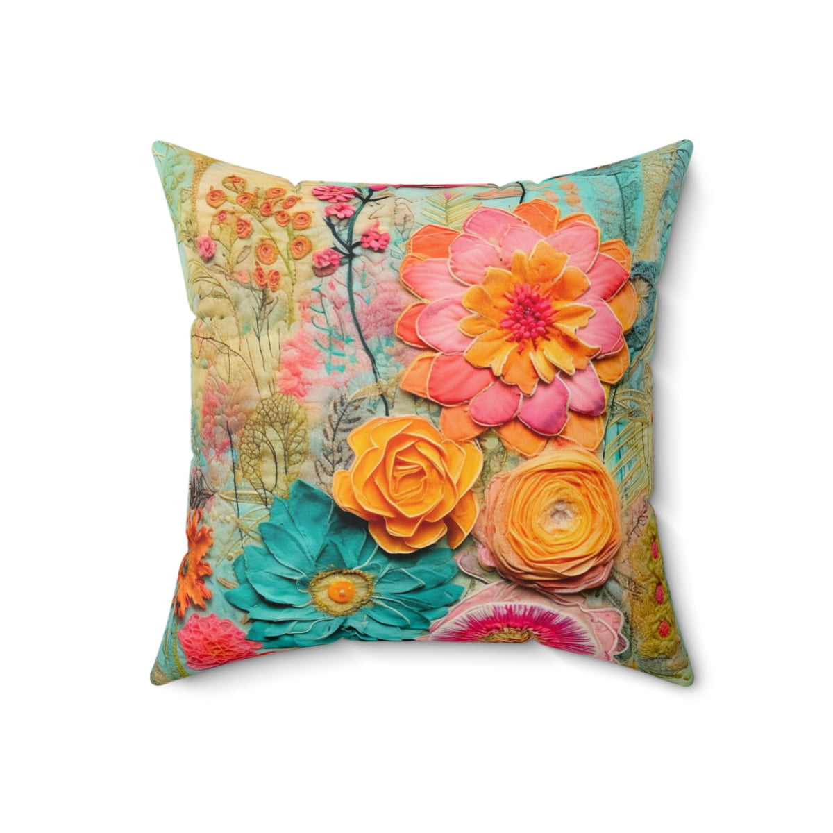 Floral Boho Pillow, Reversible, Flower, Butterfly, Bohemian Hippie, Retro Faux Embroidered Pillow And Insert - Mid Century Modern Gal