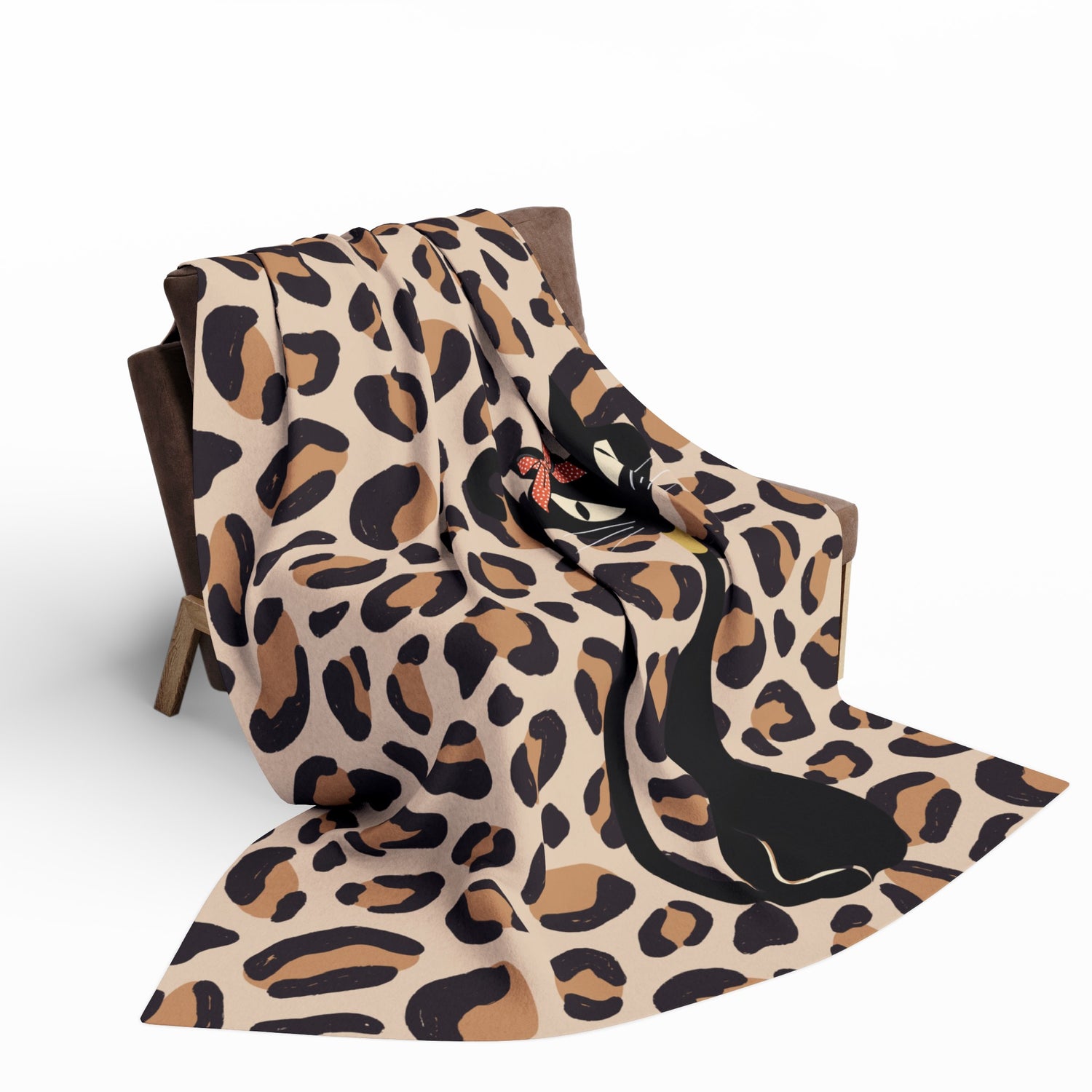 Leopard Print Atomic Cat, Cozy Lightweigt Kitschy Mid Mod  Fleece Blanket