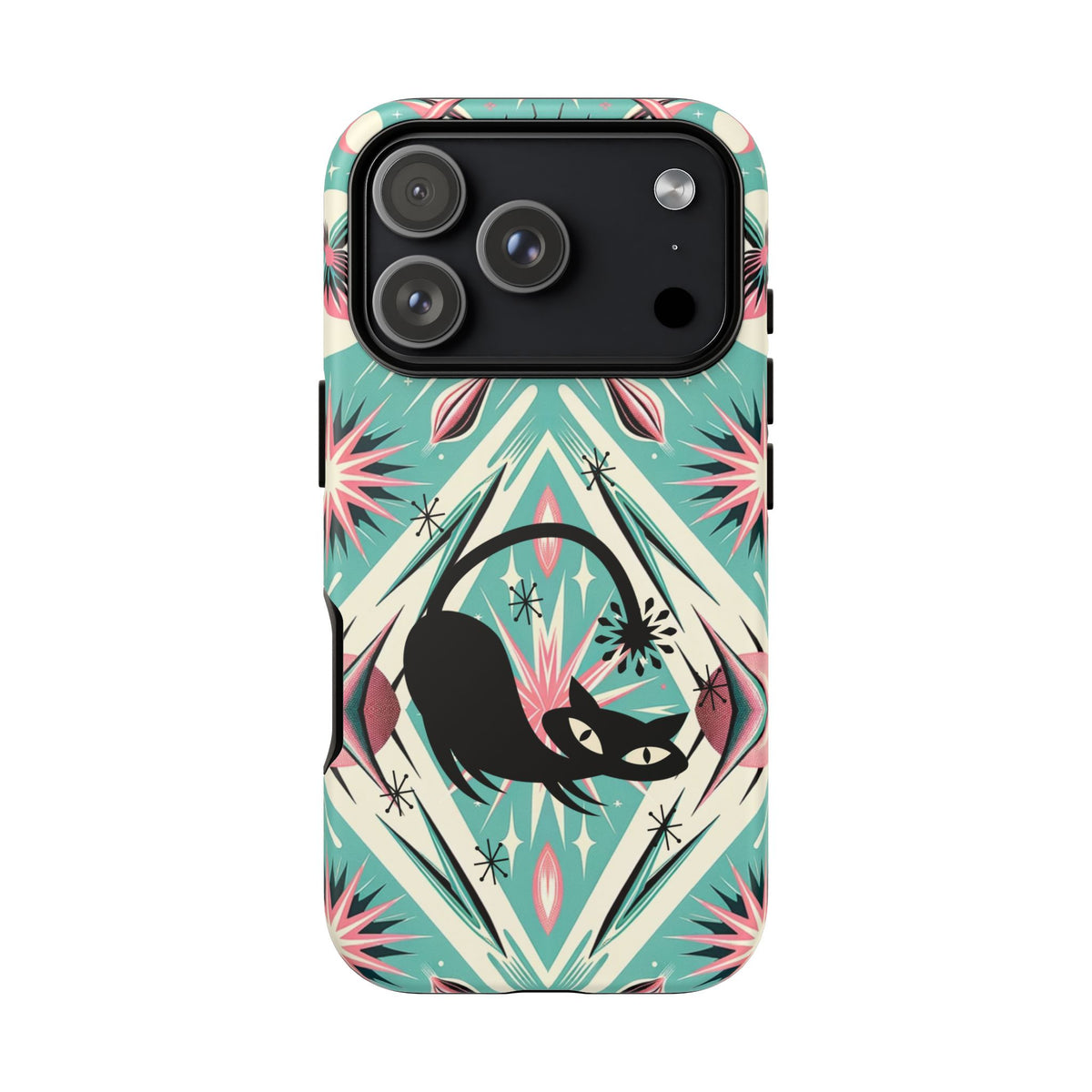 Atomic Cat, Mid Century Modern Aqua Blue, Pink, Starbursts Tough Phone Case