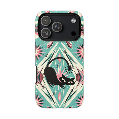 Atomic Cat, Mid Century Modern Aqua Blue, Pink, Starbursts Tough Phone Case