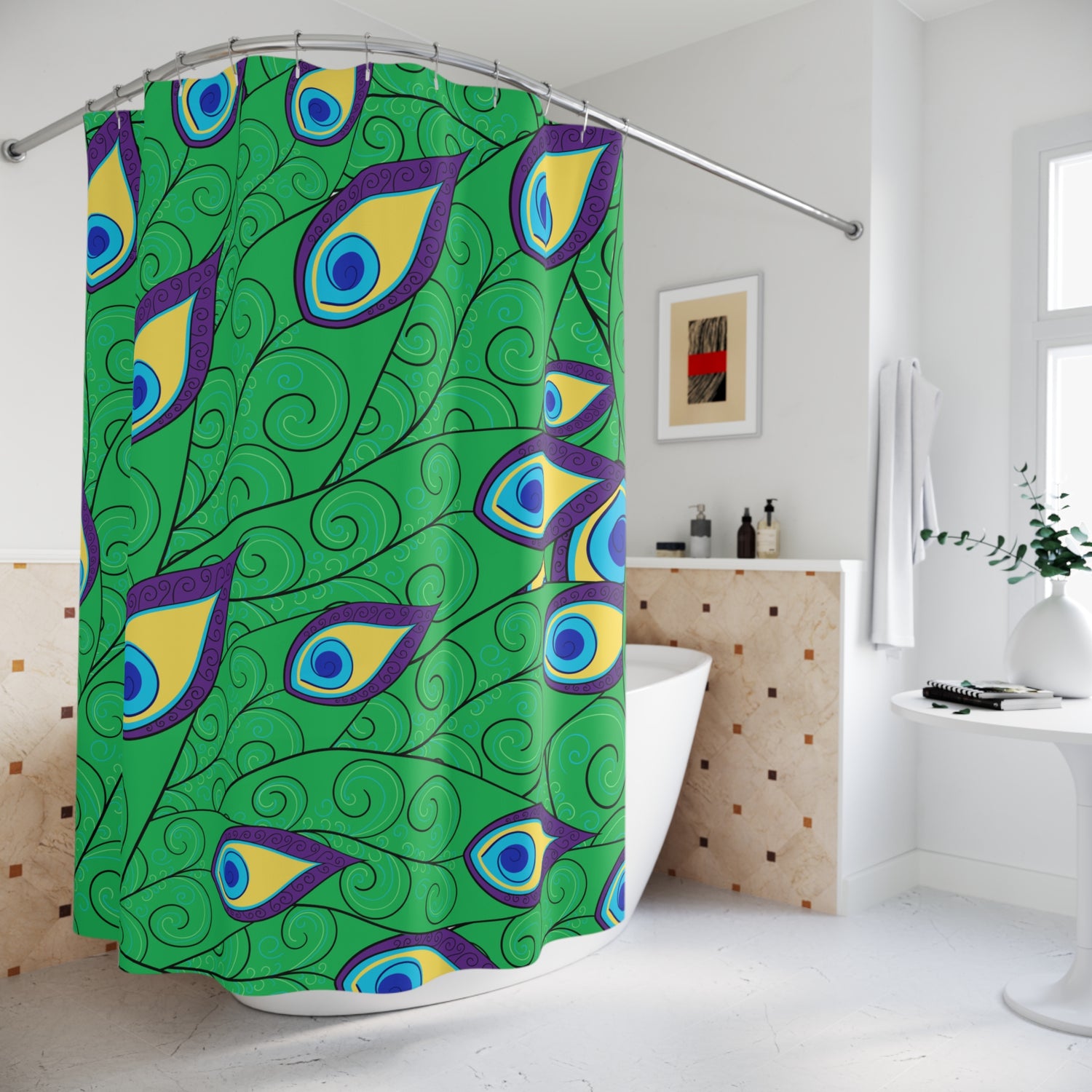 Mid Century Peacock Green, Purple, Yellow And Blue Boho Modern Shower Curtains - Mid Century Modern Gal