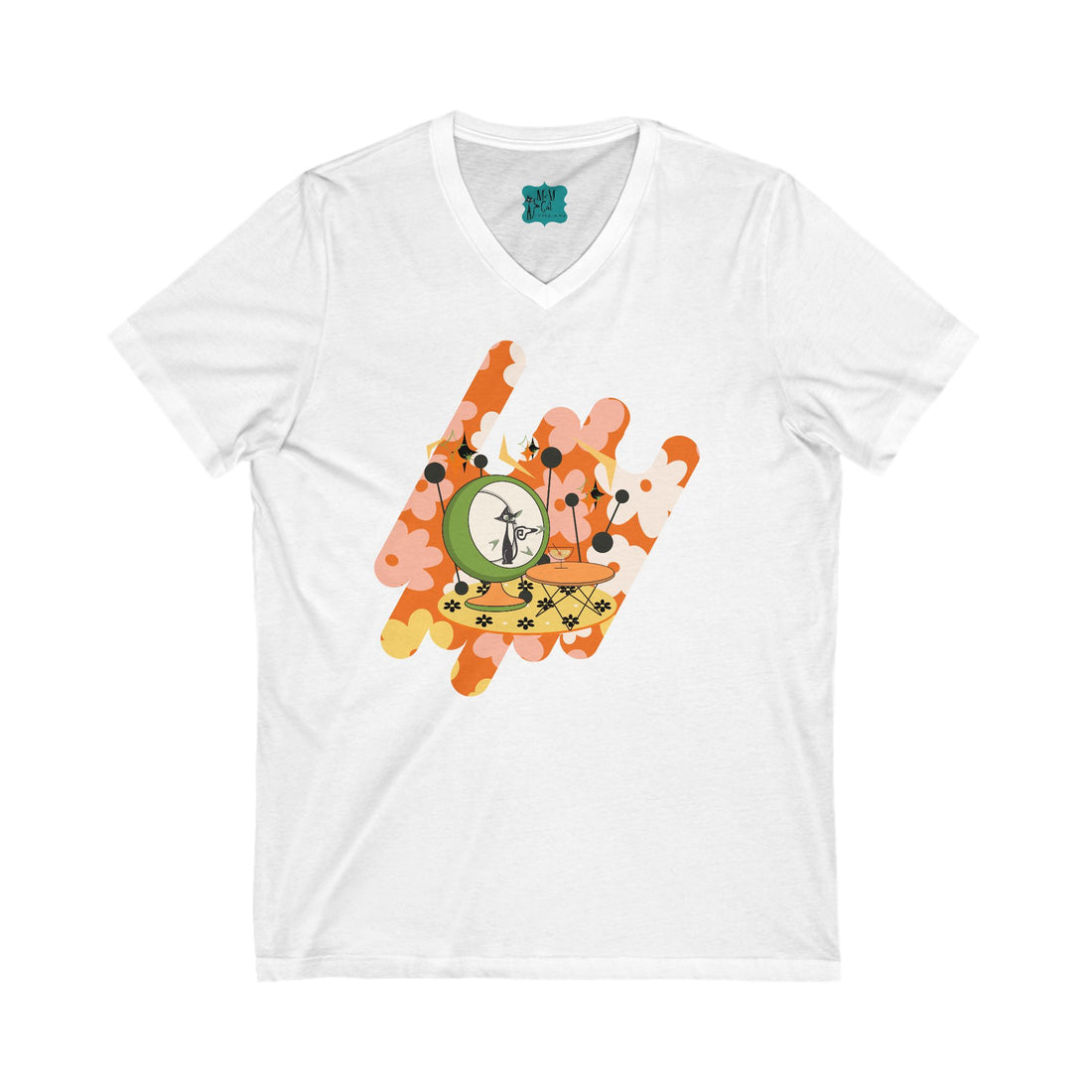 Atomic Cat, Retro Floral V-Neck Tee for Casual Style - Mid Century Modern Gal