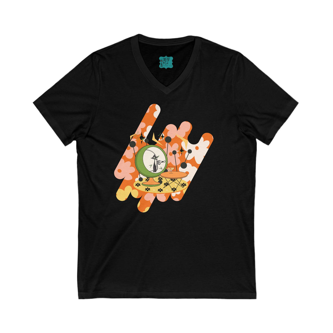 Atomic Cat, Retro Floral V-Neck Tee for Casual Style - Mid Century Modern Gal