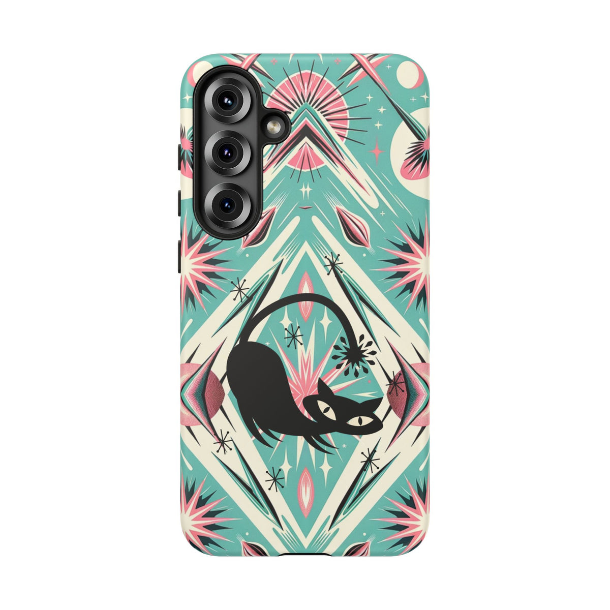 Atomic Cat, Mid Century Modern Aqua Blue, Pink, Starbursts Tough Phone Case