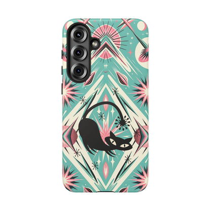 Atomic Cat, Mid Century Modern Aqua Blue, Pink, Starbursts Tough Phone Case