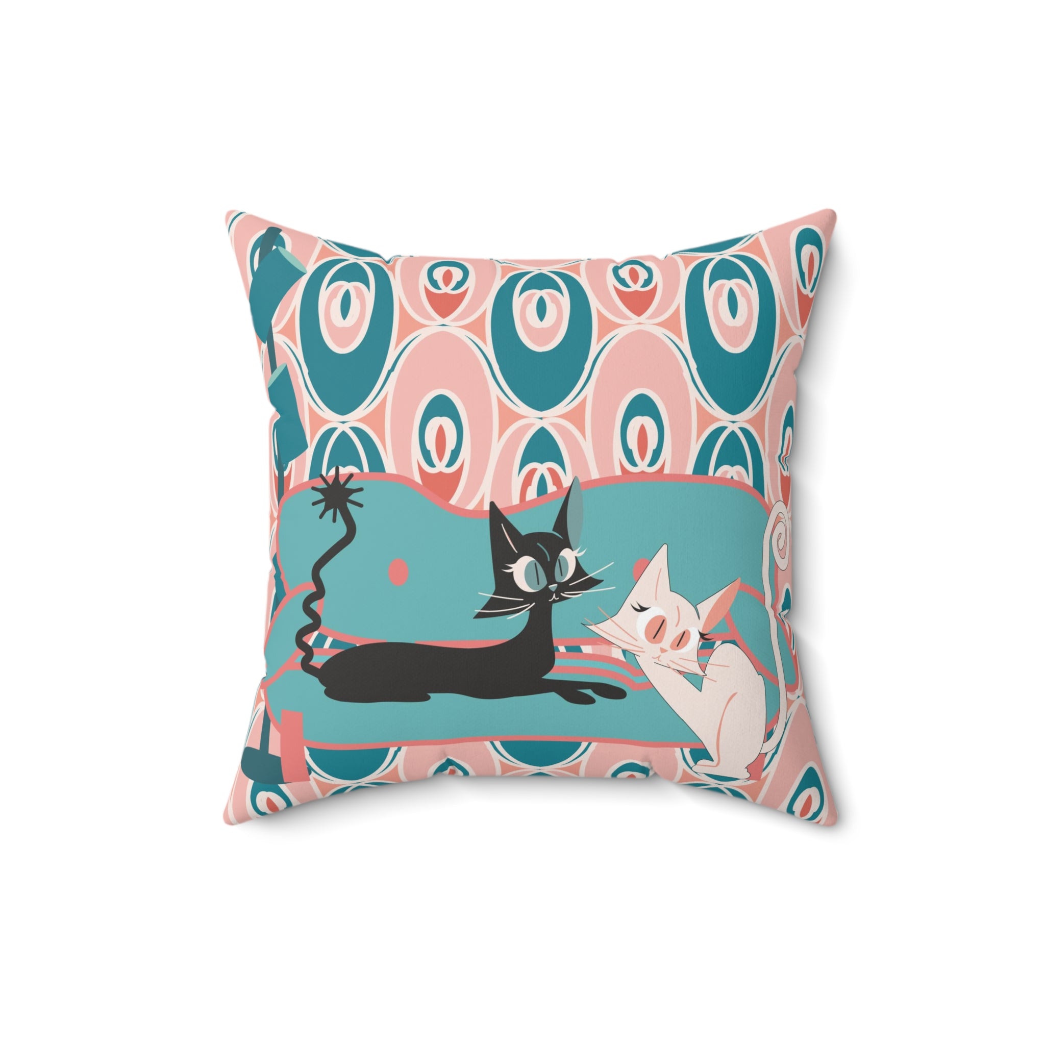 Atomic Black And White Kitty Cats, Mid Century Modern Teal Coral Pink, Kitschy Cute Pillow And Insert