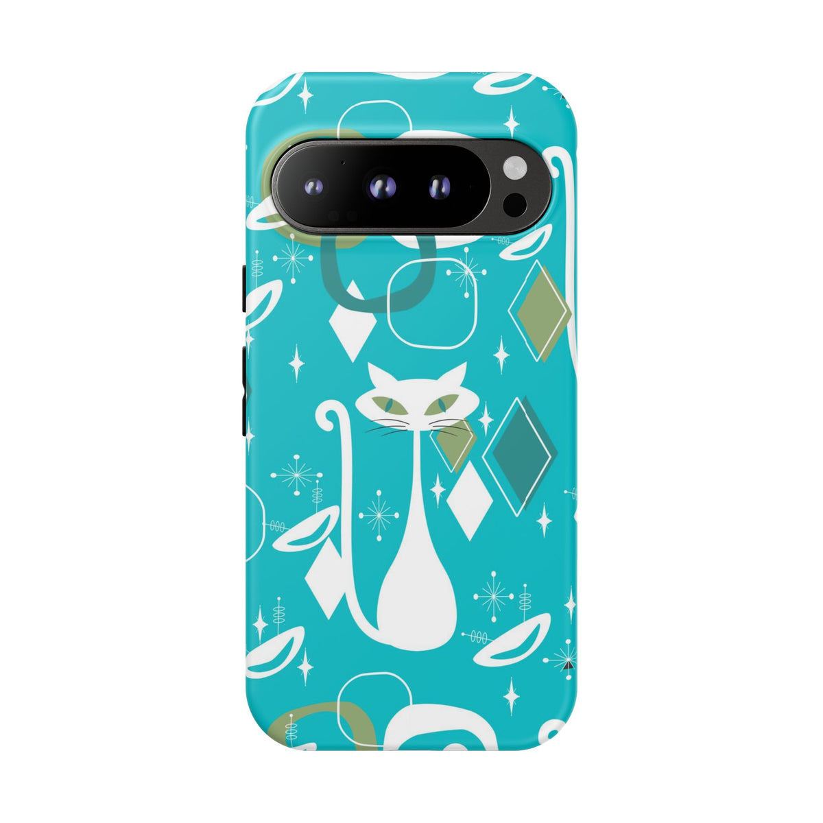 Atomic Cat Space Designs, Mid Century Modern, Aqua, White Kitschy Cat Tough Phone Case