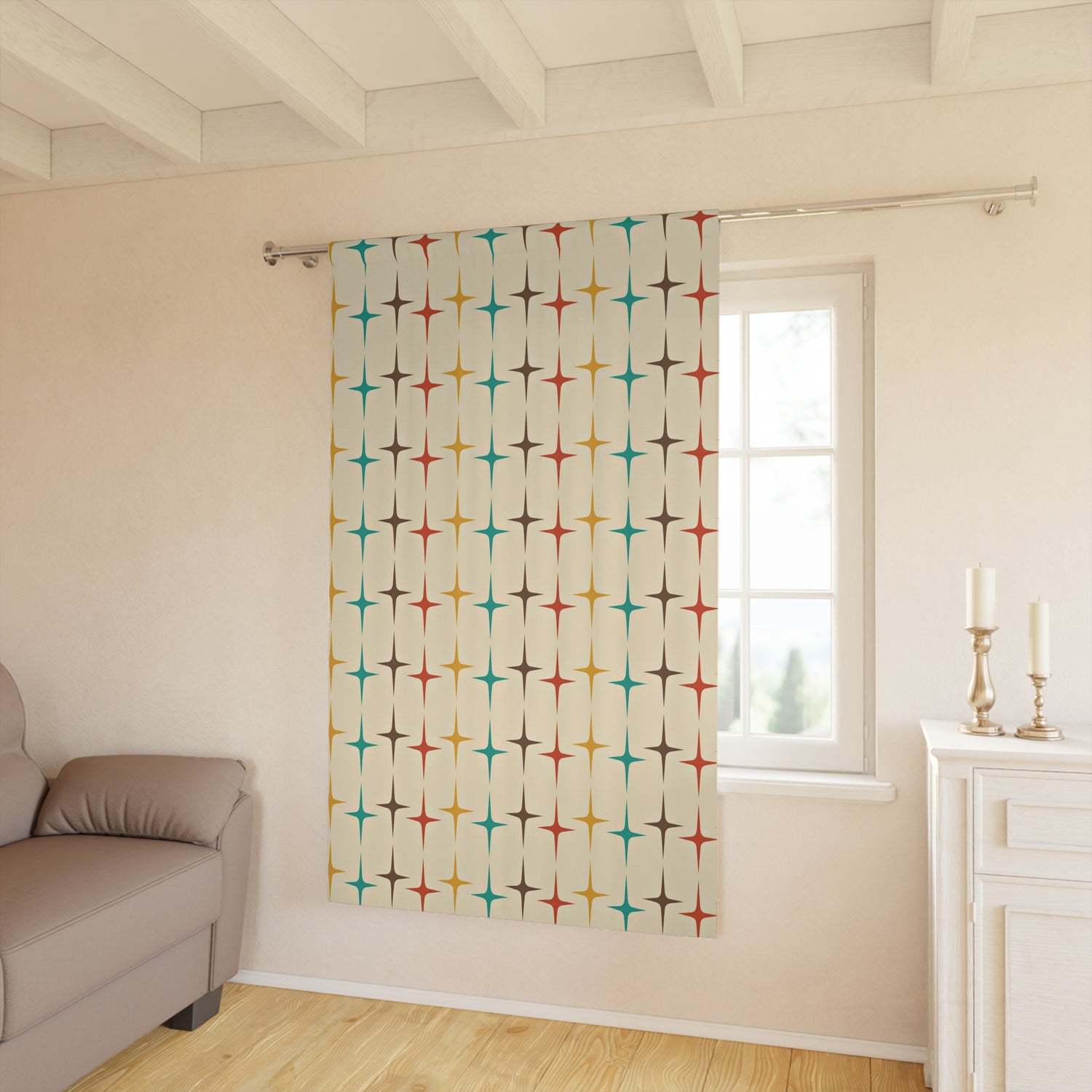 Mid Century Modern Starburst, Beige Aqua, Mustard Yellow, Burnt Orange MCM, Mid Mod Curtain - Mid Century Modern Gal