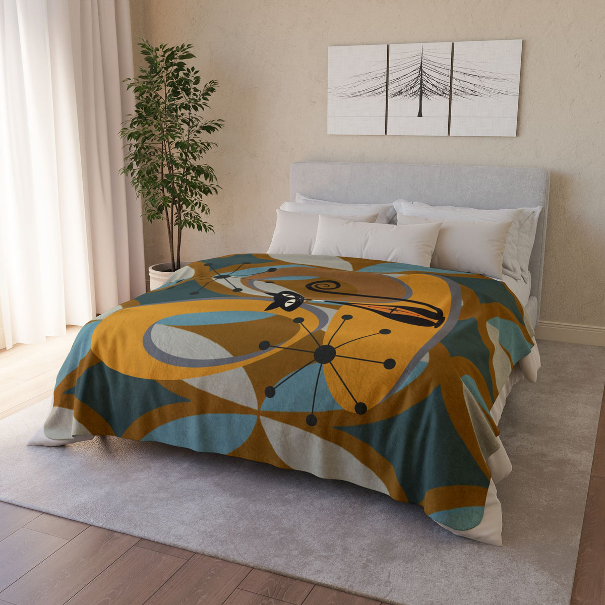 Mid Century Modern Atomic Cat, Retro Diamond Fleece Sherpa Blanket - Mid Century Modern Gal