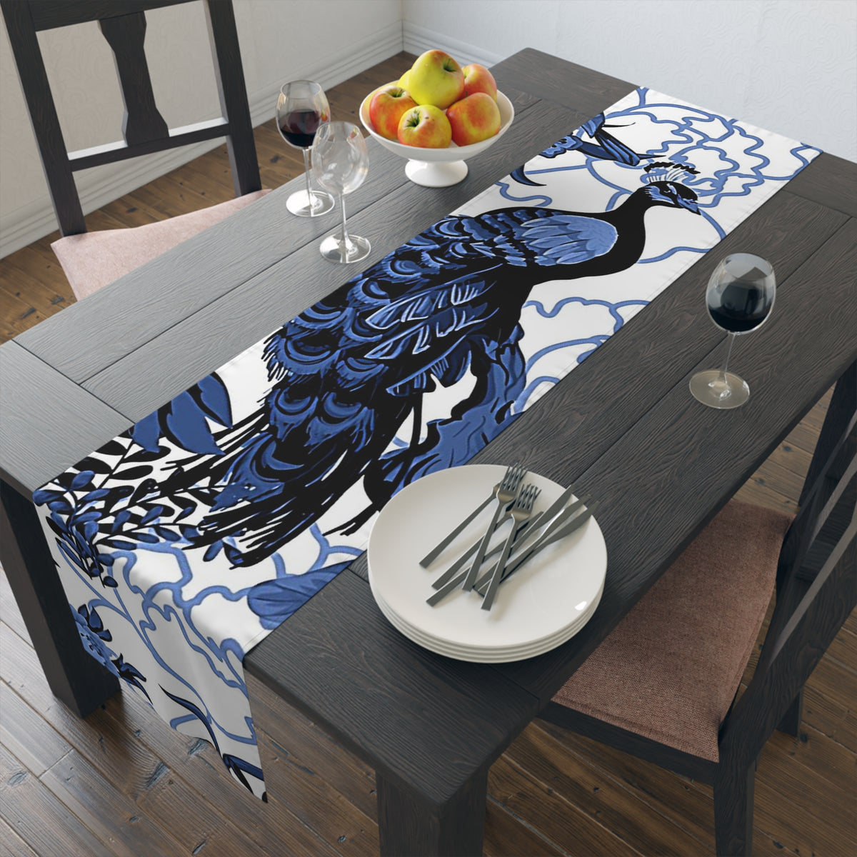 Chinoiserie Table Runner, Blue, White Willow, Peacock, Floral Flourishes, Chinoiserie Collector, Table Setting - Mid Century Modern Gal