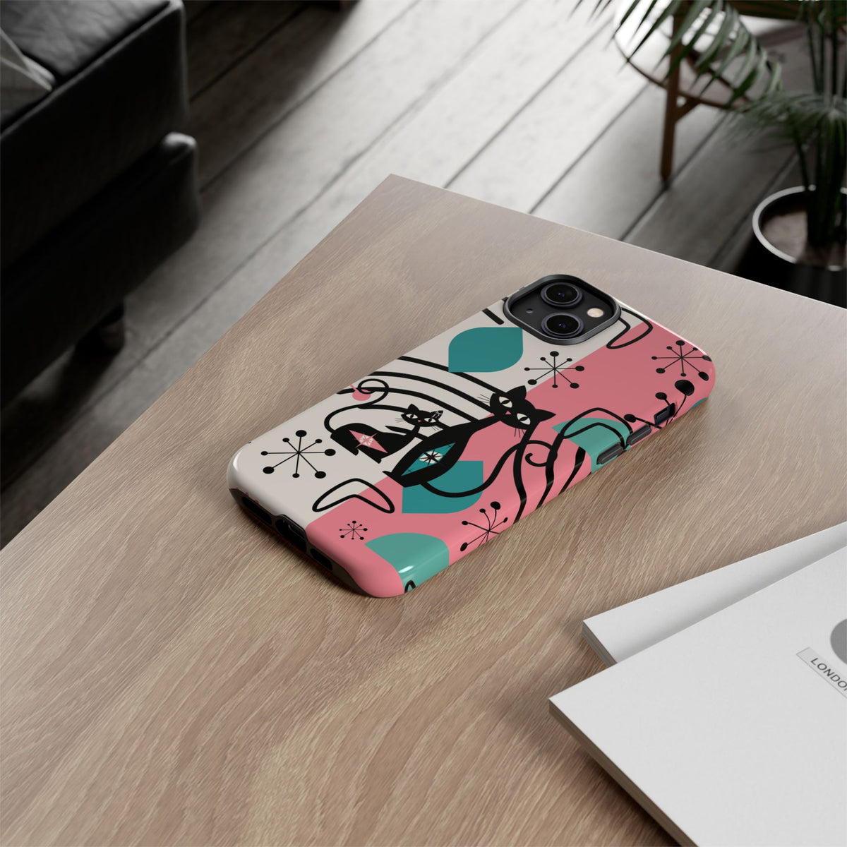 Mid Mod Atomic Cat Boomerang Starburst, Pink, Black Kitschy Stylish Cat Phone Case: Modern Design for Cat Lovers