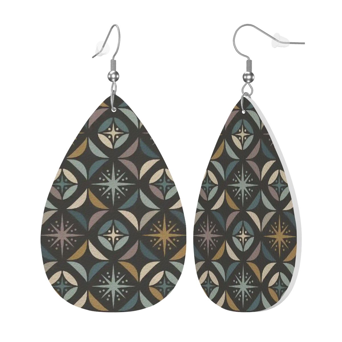 Mid Century Modern Elegant Gray Geometric Starburst  Vegan Leather Teardrop Earrings - Mid Century Modern Gal