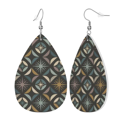 Mid Century Modern Elegant Gray Geometric Starburst  Vegan Leather Teardrop Earrings - Mid Century Modern Gal