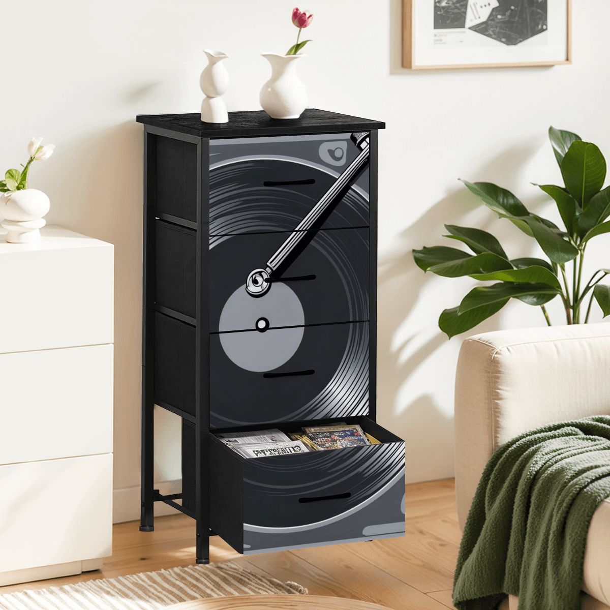 Retro Vinyl Record, Mid Mod Music Room, Mid Century Modern 4-Drawer Dresser - Mid Century Modern Gal