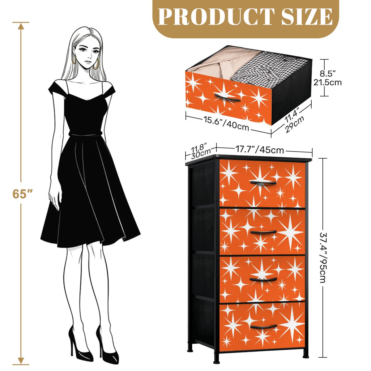 Atomic Starbursts Mid Century Modern Orange Retro 4-Drawer Dresser - Mid Century Modern Gal