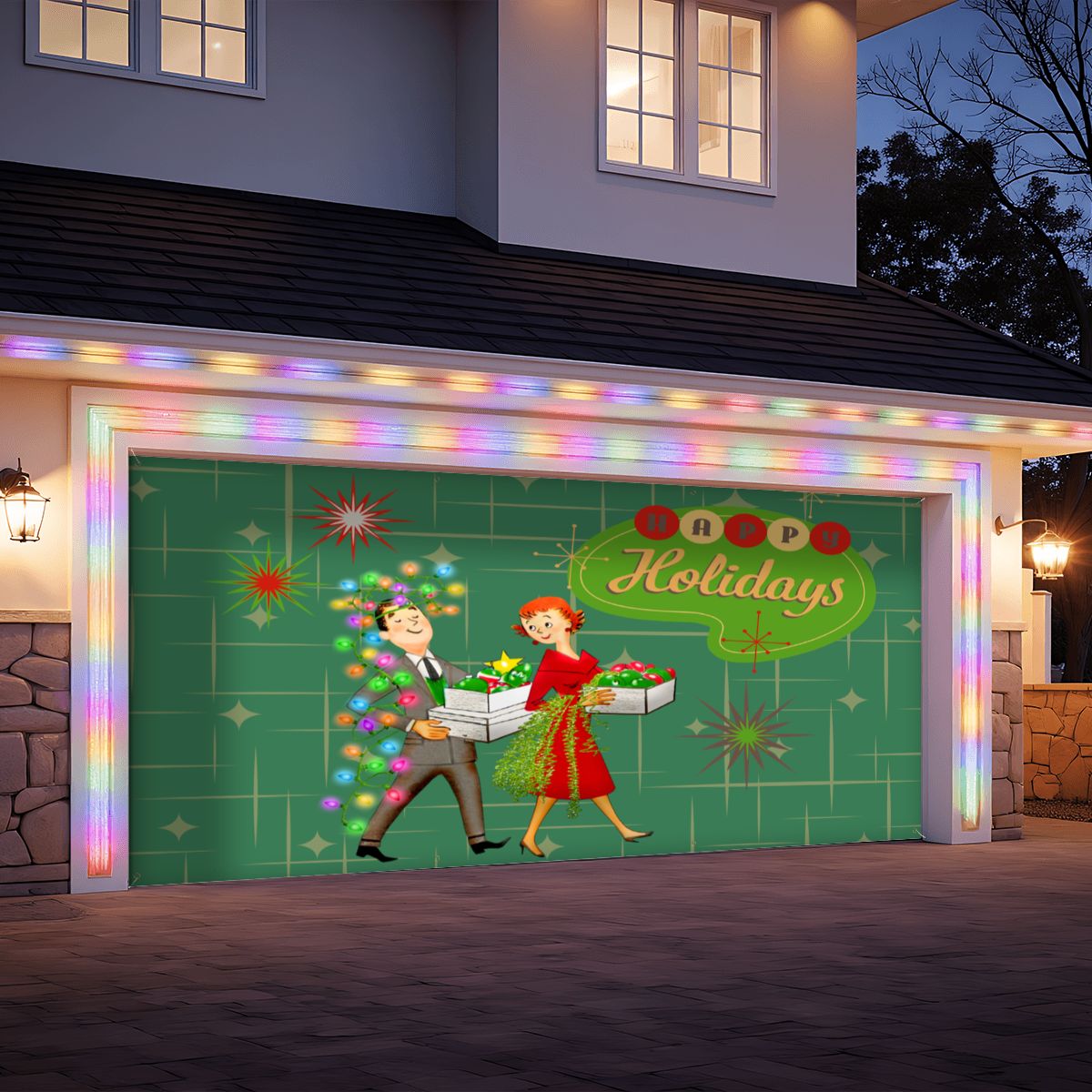 Mid Century Modern Happy Holidays Vintage Christmas Tree Garage Door Banner Backdrop - Mid Century Modern Gal