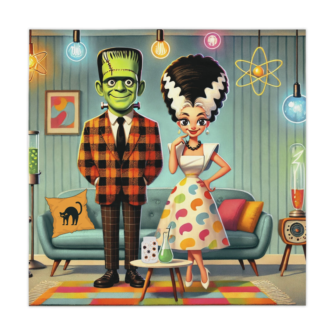 Frankestein And Bride Vintage Halloween Themed Tablecloth with Retro Monster Characters - Mid Century Modern Gal