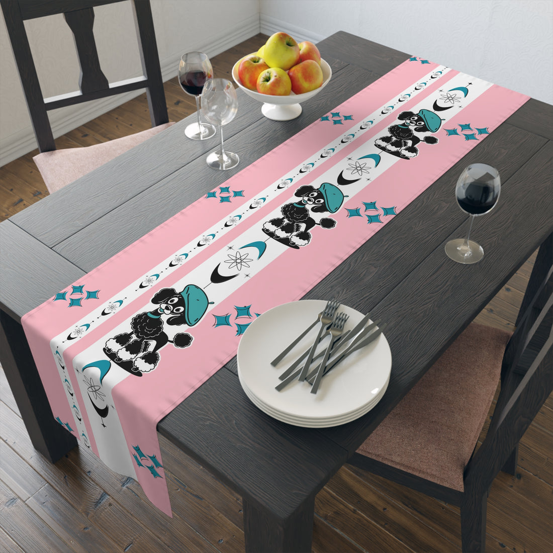 Atomic Poodle Mid Century Modern Pink Whimsical Cosmic Table Runner - Mid Century Modern Gal