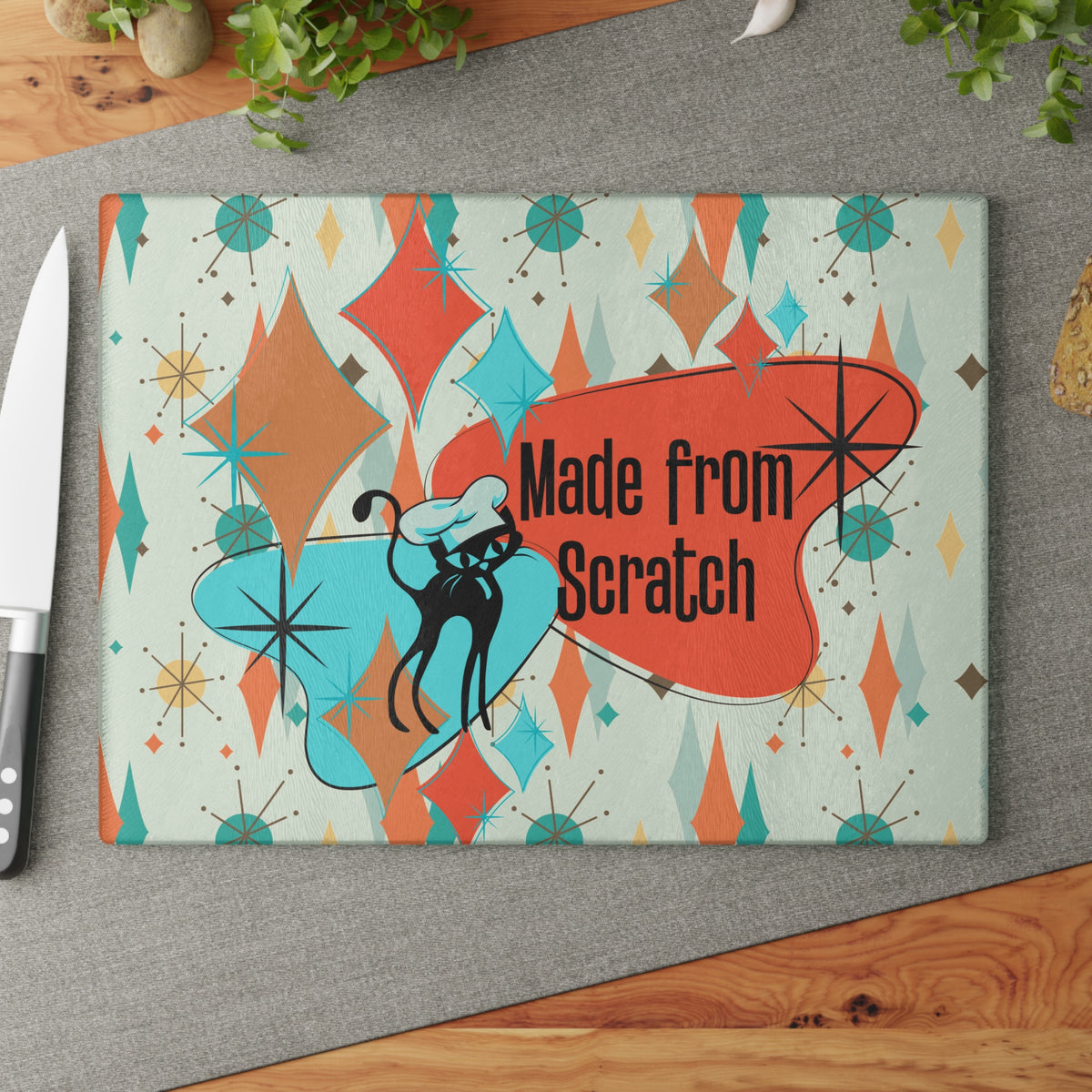 Mid Century Modern Glass Cutting Board, Atomic Cat, Made From Scratch Housewarming Gift, In Francisan Starburst Pattern - Mid Century Modern Gal