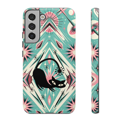 Atomic Cat, Mid Century Modern Aqua Blue, Pink, Starbursts Tough Phone Case