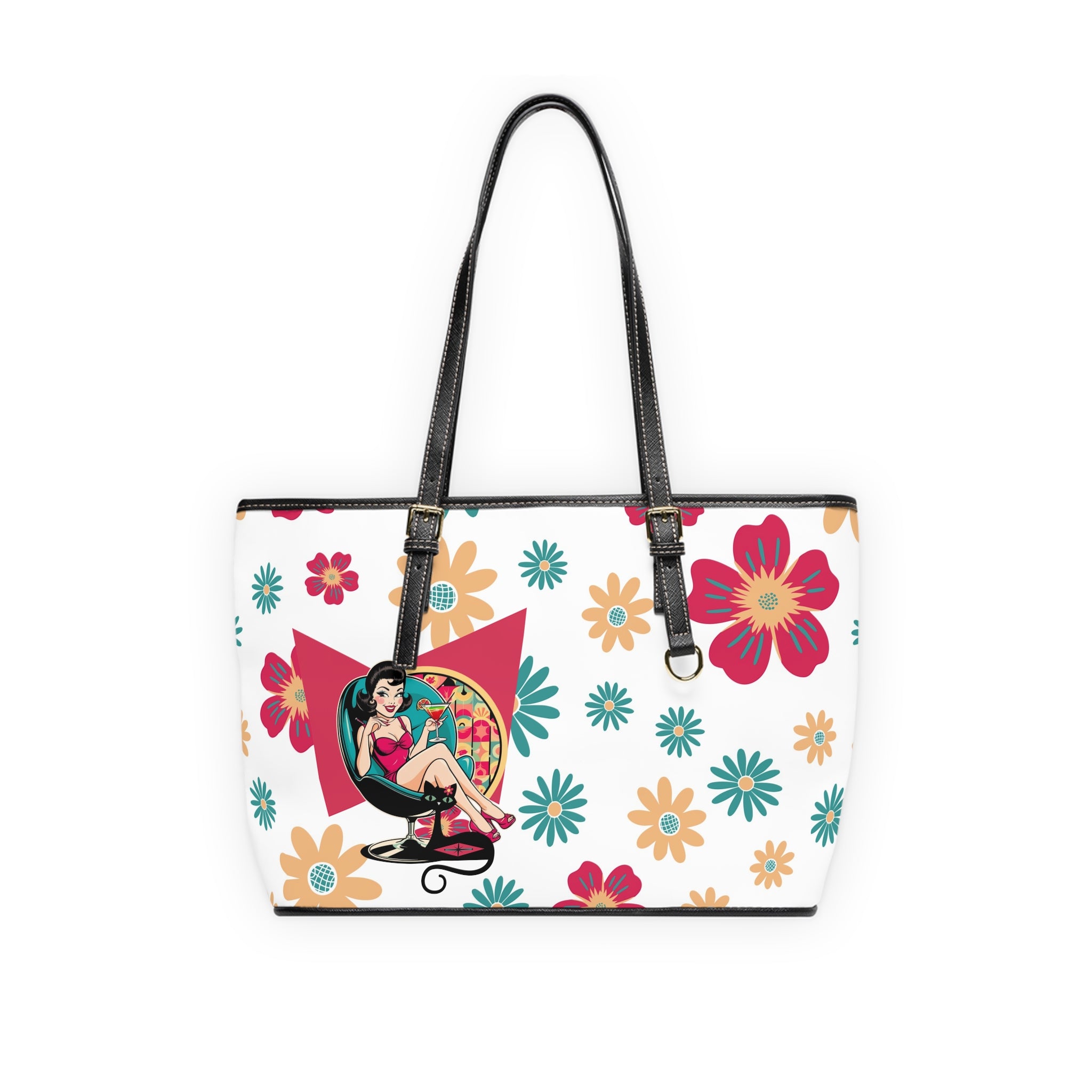 Mid Century Modern Gal Signature Handbag, Retro Mod Floral Spring Summer  Shoulder Bag | Atomic Cat Floral &amp; Retro Design - Mid Century Modern Gal