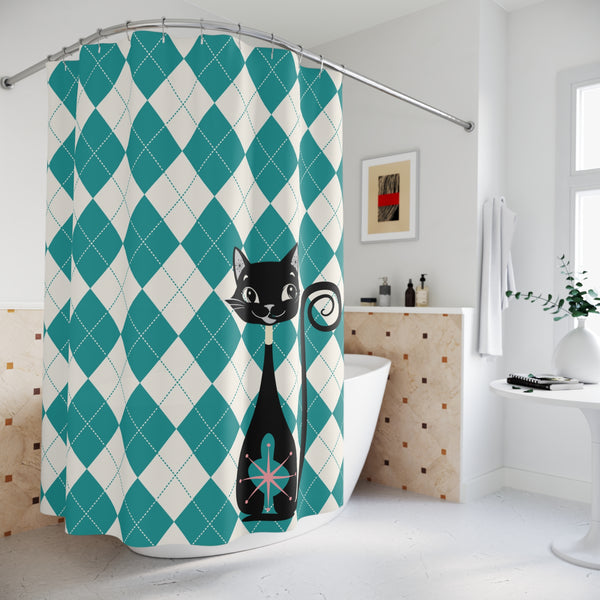 Atomic Cat Harlequin Diamond Teal, White Vintage Cat Pattern Shower Curtain - Stylish Bathroom Decor