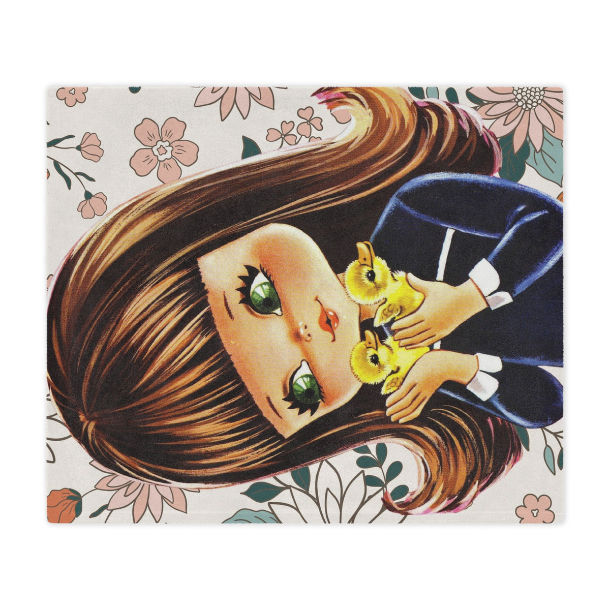 70's Groovy Style, Big Eyed Girl,  Brown Hair, Flower Power, Baby Ducklings, Retro 1970's Home Decor Minky Blanket - Mid Century Modern Gal