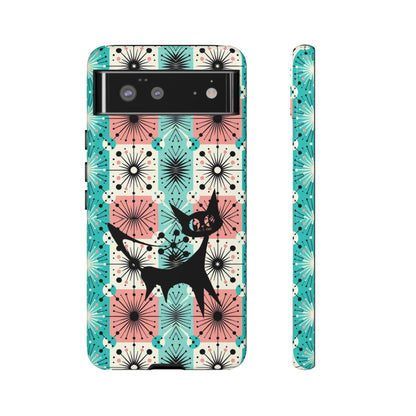 Atomic Kitschy Cat, Mid Century Modern Pink, Aqua Starbursts Tough Phone Case